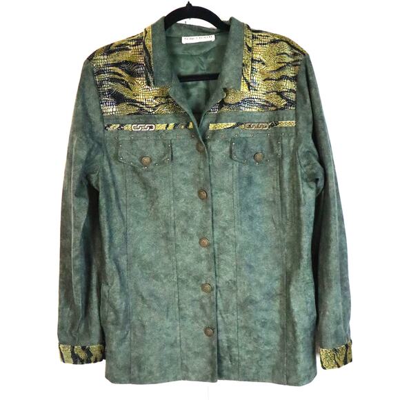 Vintage Green and Gold Button Down Blouse Top Animal Print Microsuede S / M Y2K - Picture 1 of 8